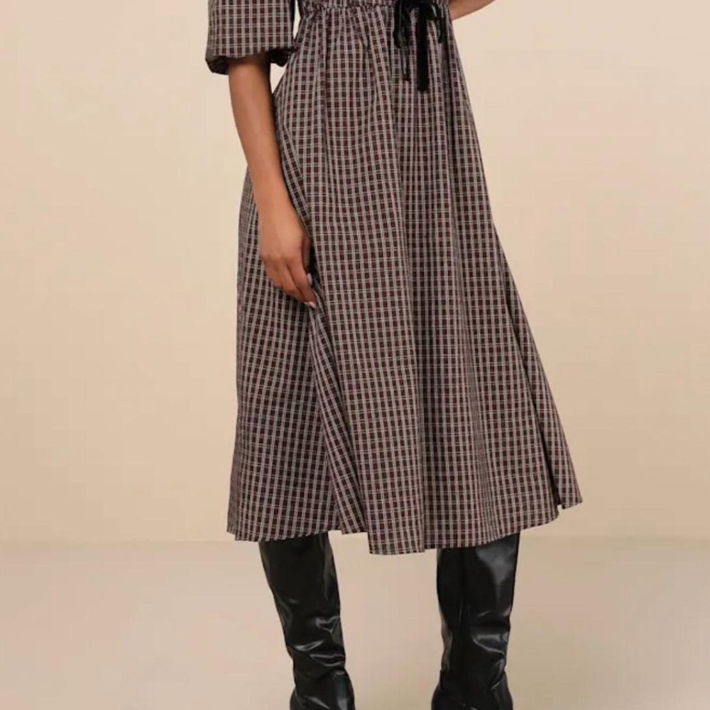 Plaid Midi Dress with Black Bow